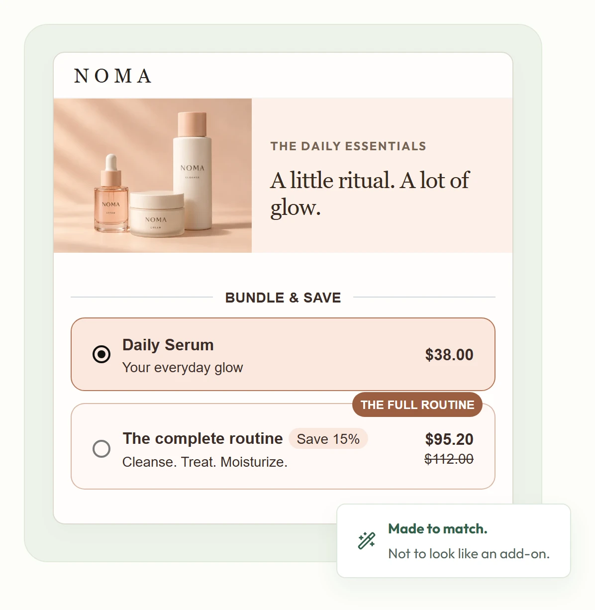 Full Gosho Bundles example for the fictional NOMA store: skincare products, a $38 serum, the complete routine at $95.20 with 15% off, and the Made to match callout.