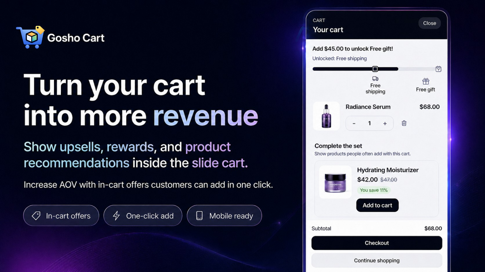 Gosho Cart slide cart upsells, rewards, and product recommendations preview