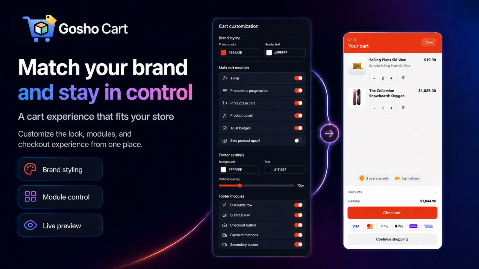 Gosho Cart brand styling and module control preview